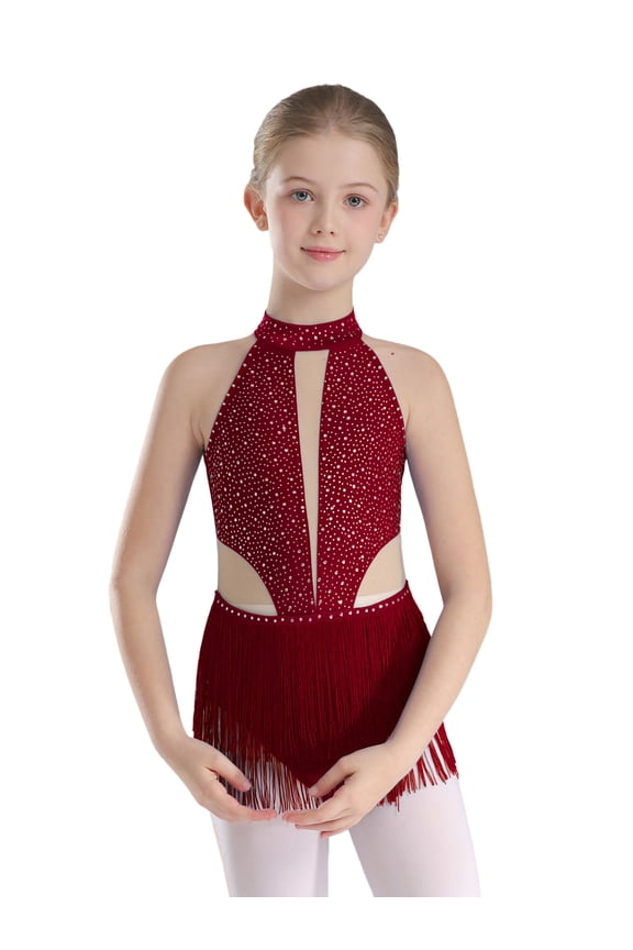 Big Girl's Ballet Skirted Leotard Sparkly Latin Dance Dress Fringed Bodysuit Ballroom Competition Dancewear Burgundy 8