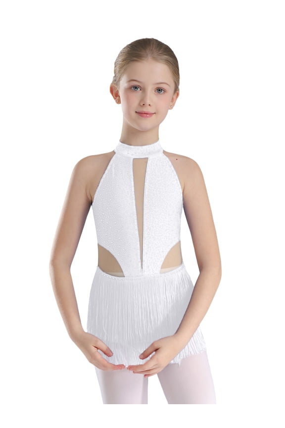 Big Girl's Ballet Skirted Leotard Sparkly Latin Dance Dress Fringed Bodysuit Ballroom Competition Dancewear White 6