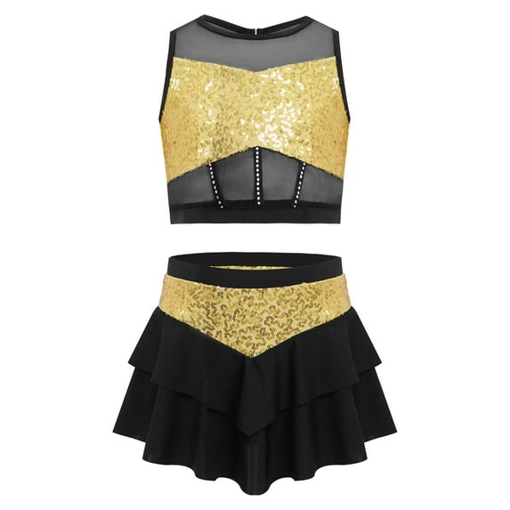 Doomiva Big Girls 2 Piece Dance Outfits Crop Top with Skirt Jazz Latin Ballroom Performance Dancewear Gold 10