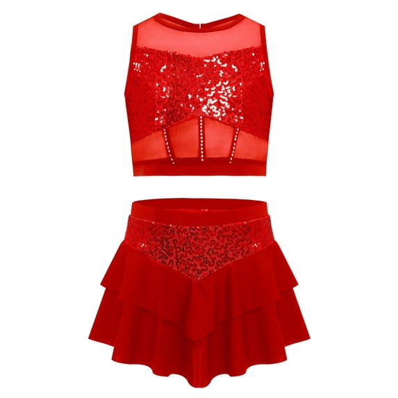 Doomiva Big Girls 2 Piece Dance Outfits Crop Top with Skirt Jazz Latin Ballroom Performance Dancewear Red 12