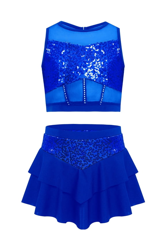 Big Girls 2 Piece Dance Outfits Crop Top with Skirt Jazz Latin Ballroom Performance Dancewear Royal Blue 8
