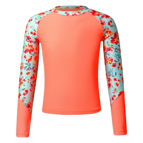Doomiva Big Girls Floral Long Sleeve Upf 50+ Swim Tank Top Rashguard Shirts Sun Cover Up Orange 10