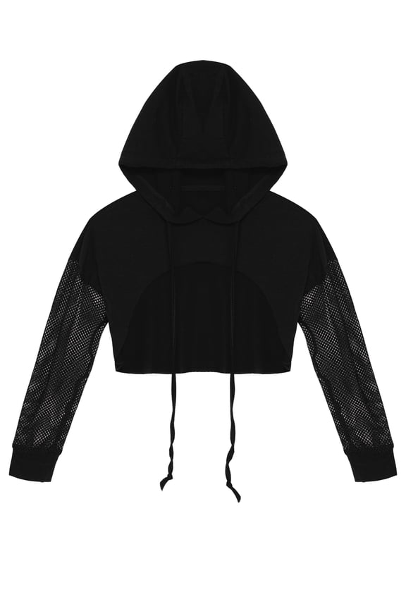 Big Girls Mesh Hoodie Crop Top Modern Jazz Hiphop Street Dance Wrap Shirts Summer Sweatshirts Black 8