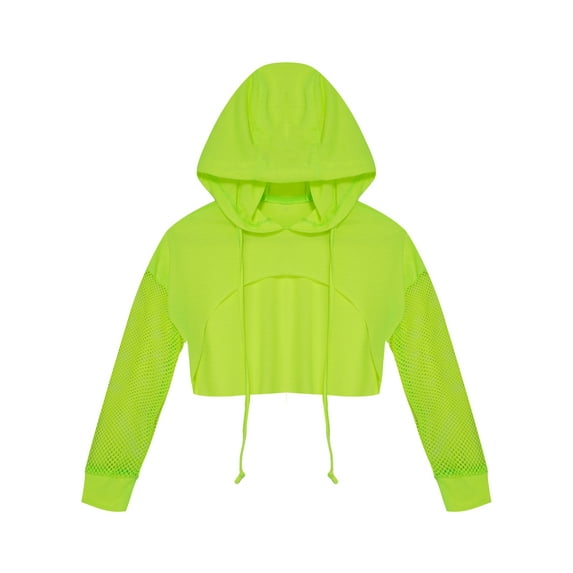 Doomiva Big Girls Mesh Hoodie Crop Top Modern Jazz Hiphop Street Dance Wrap Shirts Summer Sweatshirts Fluorescent Green 12
