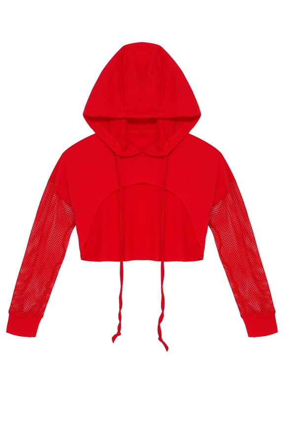 Big Girls Mesh Hoodie Crop Top Modern Jazz Hiphop Street Dance Wrap Shirts Summer Sweatshirts Red 10