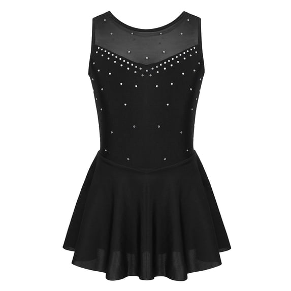 Doomiva Big Girls Shiny Rhinestone Mesh Splice Back Figure Ice Skating Dress Ballet Tank Leotard Black 10