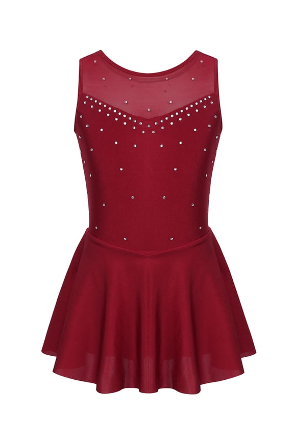 Big Girls Shiny Rhinestone Mesh Splice Back Figure Ice Skating Dress Ballet Tank Leotard Burgundy 14