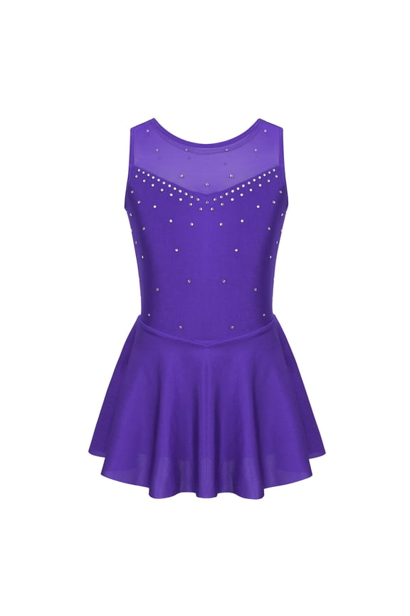 Big Girls Shiny Rhinestone Mesh Splice Back Figure Ice Skating Dress Ballet Tank Leotard Violet 12