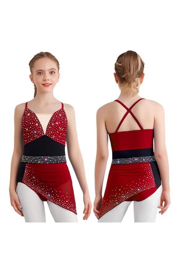 Big Girls Shiny Rhinestones Skirted Leotard Ballet Lyrical Dance Cos tume Ruched Mesh Figure Ice Skating Dress Burgundy 16