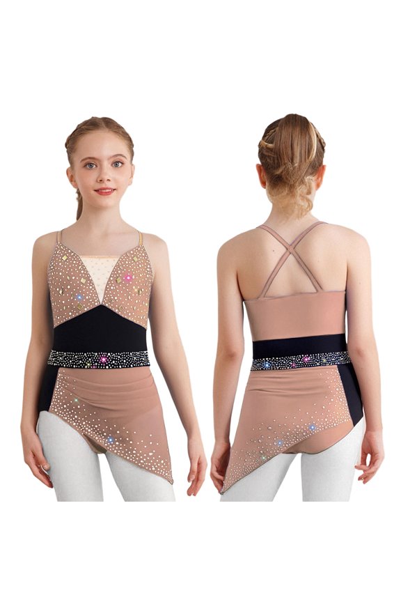 Big Girls Shiny Rhinestones Skirted Leotard Ballet Lyrical Dance Cos tume Ruched Mesh Figure Ice Skating Dress Dusty Pink 6