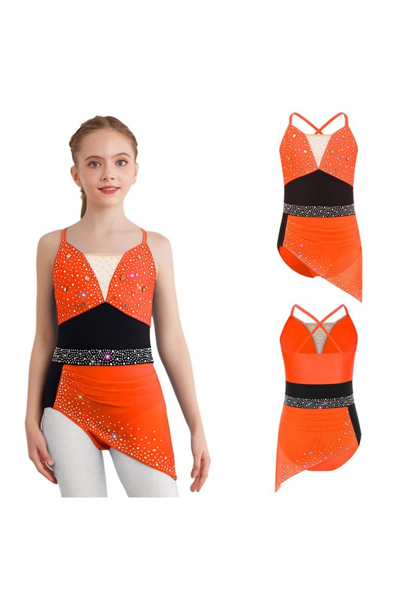 Big Girls Shiny Rhinestones Skirted Leotard Ballet Lyrical Dance Cos tume Ruched Mesh Figure Ice Skating Dress Fluorescent Orange 6