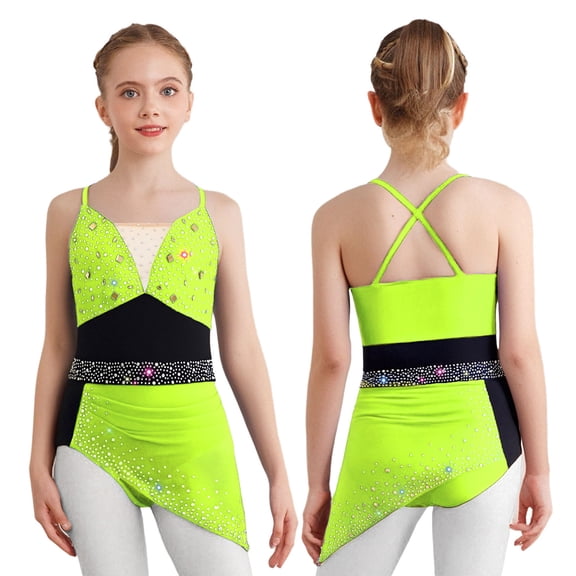 Doomiva Big Girls Shiny Rhinestones Skirted Leotard Ballet Lyrical Dance Cos tume Ruched Mesh Figure Ice Skating Dress Fluorescent Yellow 14