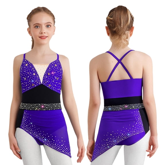 Doomiva Big Girls Shiny Rhinestones Skirted Leotard Ballet Lyrical Dance Cos tume Ruched Mesh Figure Ice Skating Dress Purple 6