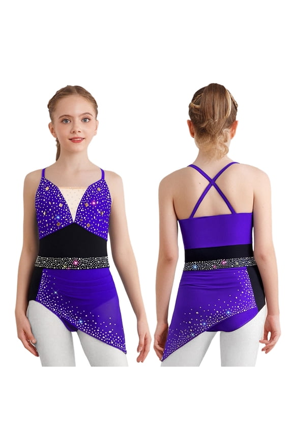 Big Girls Shiny Rhinestones Skirted Leotard Ballet Lyrical Dance Cos tume Ruched Mesh Figure Ice Skating Dress Purple 6