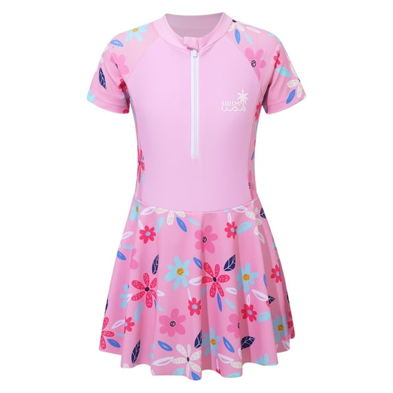 Doomiva Big Girls Short Sleeve Zip Up One Piece Swimdress Built-in Shorts Swimsuits Surfing Rashguard Bathing Suit Pink 5-6