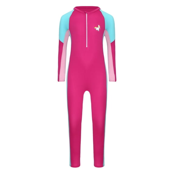 Doomiva Big Girls Upf 50+ One Piece Swimsuits Long Sleeve Full Body Cover Swim Bodysuits Hot Pink 9-10