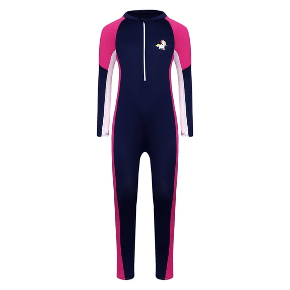 Doomiva Big Girls Upf 50 One Piece Swimsuits Long Sleeve Full Body Cover Swim Bodysuits Navy Blue 5-6