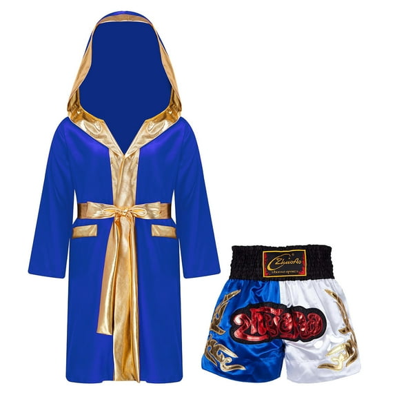 Doomiva Boxing Costume for Kids Boys Thai fans Outfit Metallic Satin Hooded Robe with Belt and Color Block Shorts Set Blue&White 6