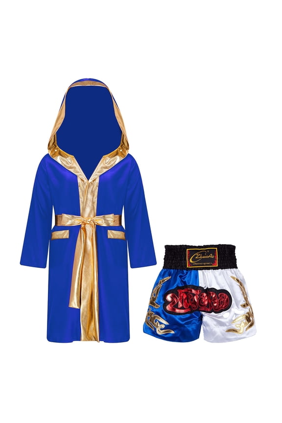 Boxing Costume for Kids Boys Thai fans Outfit Metallic Satin Hooded Robe with Belt and Color Block Shorts Set Blue&White 8