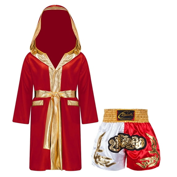Doomiva Boxing Costume for Kids Boys Thai fans Outfit Metallic Satin Hooded Robe with Belt and Color Block Shorts Set Burgundy B 8