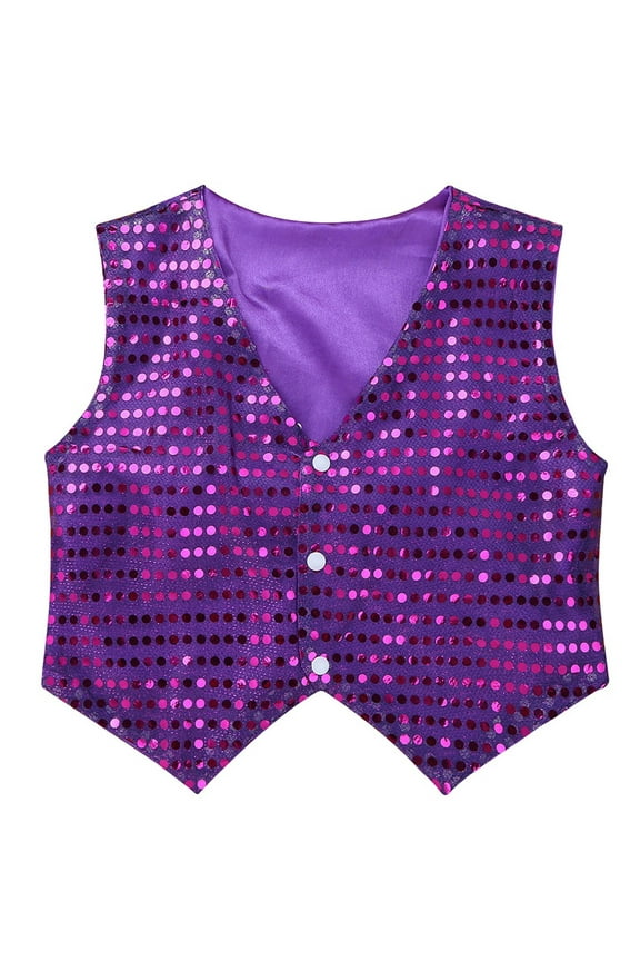 Boy Girl Glittery Sequined Vest Jazz Hip-hop Dance Waistcoat Top Performance Jacket Purple 14-15