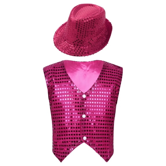 Doomiva Boys Girls Sequins Vest Hip Hop Jazz Modern Dance Top Waistcoat Jacket Performance Party Costume with Hat Rose 7-8