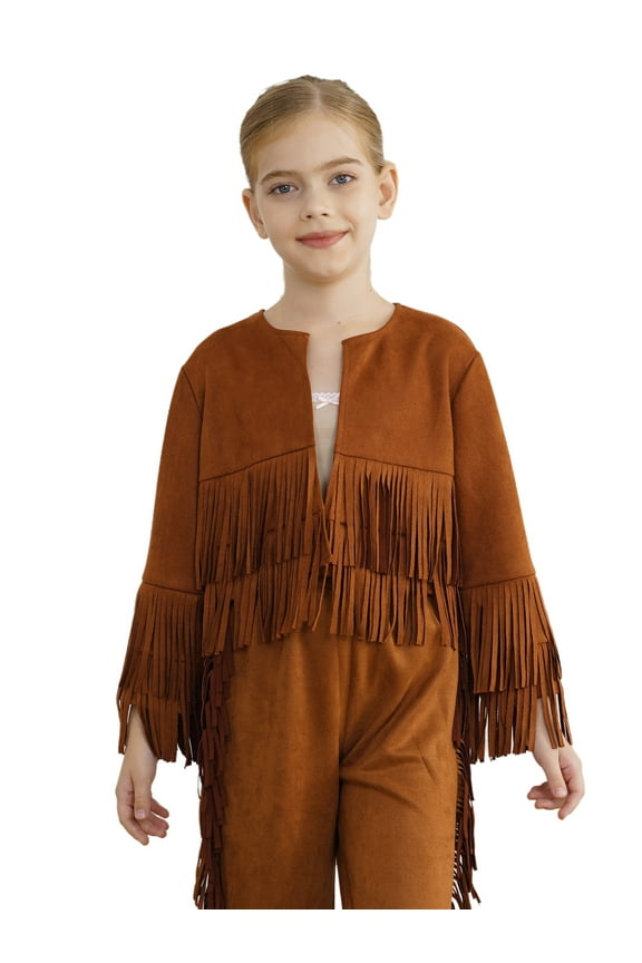 Boys Girls Western Cowboy Cowgirl Jacket Long Sleeve Open Front Fringe Outerwear Coat Brown 10