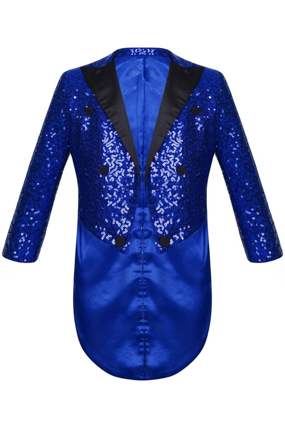 Boys Sequin Tuxedo Jacket Blazer Long Sleeve Tailcoat Wedding Party Performance Blue 8