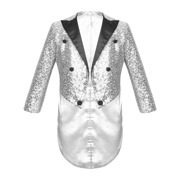 Doomiva Boys Sequin Tuxedo Jacket Blazer Long Sleeve Tailcoat Wedding Party Performance Silver 6