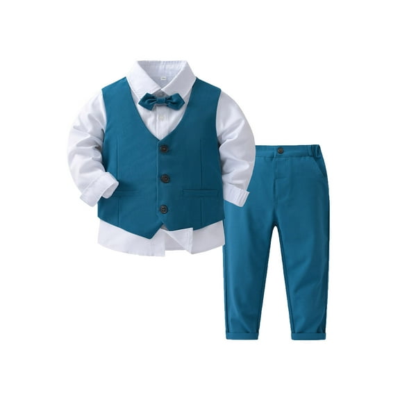 Doomiva Boys Suit Kids Ring Bearer Outfit Toddler 4Pcs Suit Set First Communion Suits Dress Shirt Vest and Pants Blue 5-6