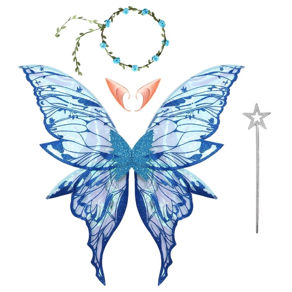 Doomiva Butterfly Fairy Wings Set with Elf Ears Flower Headband Fairy Wand Glittery Blue One Size
