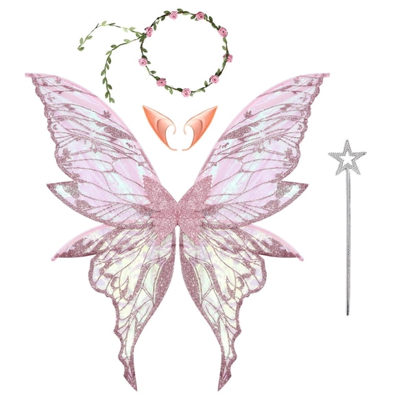 Doomiva Butterfly Fairy Wings Set with Elf Ears Flower Headband Fairy Wand Glittery Pink One Size