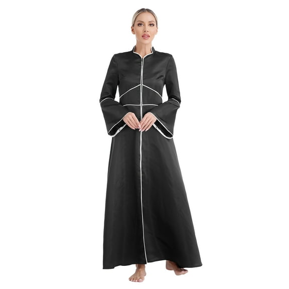 Doomiva Church Clergy Dress for Women Flared Long Sleeve Priest Robe Liturgical Preacher Vestment Black L