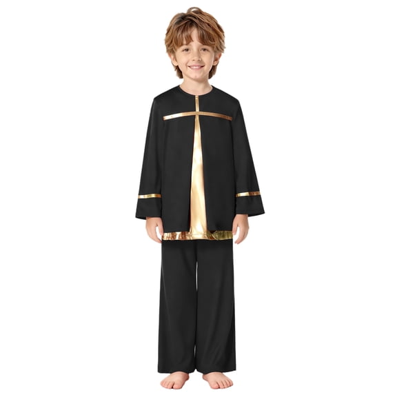Doomiva Church Robe for Boys Tunic Tops with Pants Set Choir Gowns Worship Liturgical Praise Clothes Suit Black 12