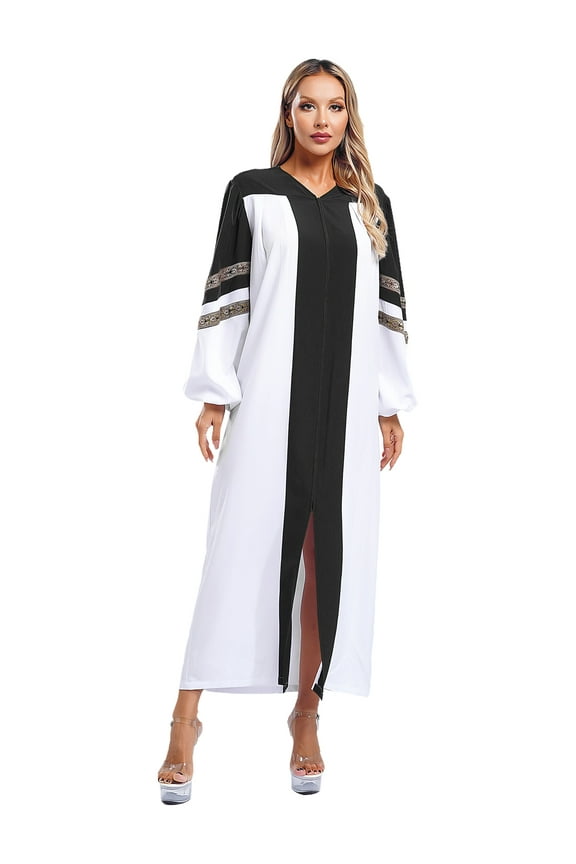 Clergy Robe for Women V-neck Long Sleeve Zipper Minister Choir Robe A-line Long Dress Church Robe Black L