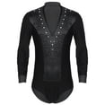thumbnail image 1 of Doomiva Color Block V Neck Latin Dance Leotard Long Sleeve Satin Patchwork Bodysuit Tops for Men Black L, 1 of 1