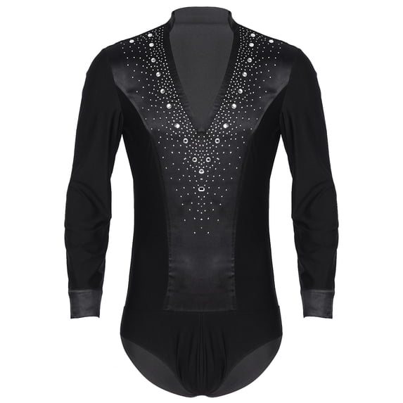 Doomiva Color Block V Neck Latin Dance Leotard Long Sleeve Satin Patchwork Bodysuit Tops for Men Black XXL