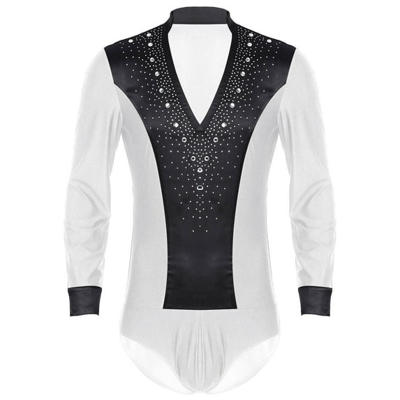 Doomiva Color Block V Neck Latin Dance Leotard Long Sleeve Satin Patchwork Bodysuit Tops for Men White XL