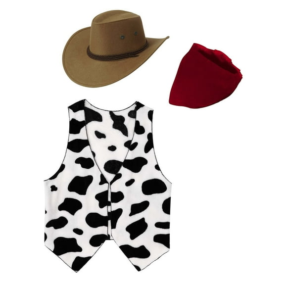 Doomiva Cowboy Hat Cow Printed Vest and Bandanna for Music Festivals Rodeo Dress Up Party Red&Coffee L