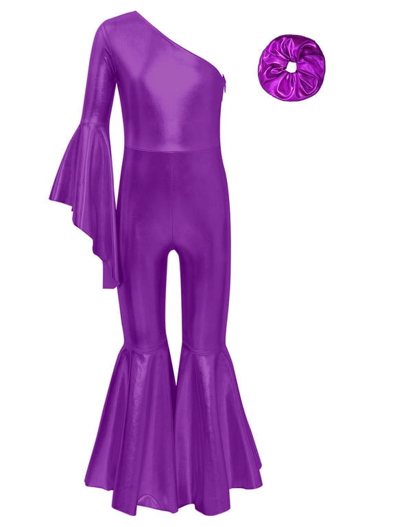 Dance Unitards for Girls Shiny Metallic Pageant Romper Flared Long Sleeve Bell-Bottom Jumpsuit Wide Leg Pants Purple 8