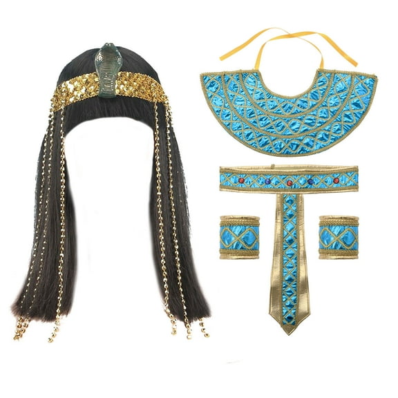 Doomiva Egyptian Costume Accessories Egyptian Cleopatra Black Wig Neck Collar Wristbands Waist Belt Halloween Party Props Blue One Size