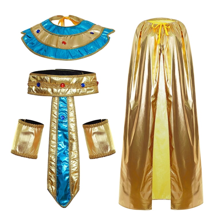Doomiva Egyptian Queen Cosplay Set Pharaoh Cleopatra Headband Golden Cloak Neck Collar Bracelets Waist Belt Halloween Carnival Theme Party Dress Up