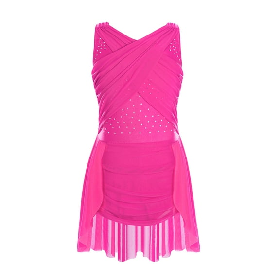 Doomiva Figure Ice Skating Dress for Girls Sleeveless Ballet Dance Leotard Dress Lyrical Contemporary Modern Dance Dress Hot Pink 14
