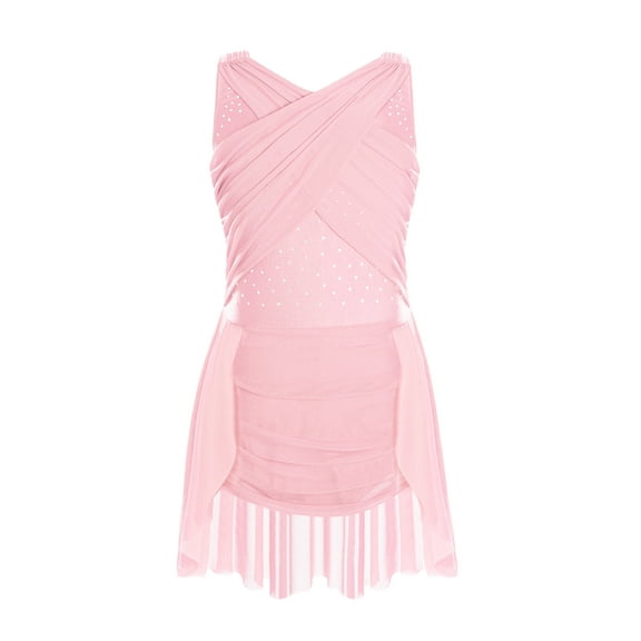 Doomiva Figure Ice Skating Dress for Girls Sleeveless Ballet Dance Leotard Dress Lyrical Contemporary Modern Dance Dress Pink 8