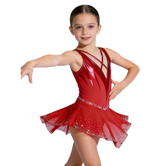Doomiva Figure Ice Skating Dress for Girls with Rhinestones Sleeveless Asymmetrical Gymnastics Ballet Dance Dress Dancewear Red 14