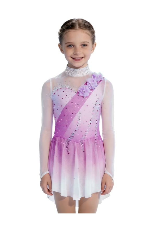 Figure Skating Dress for Girls Ballet Dance Leotards Competition Clothes Sheer Mesh Skirt Performance Outfits Purple 6
