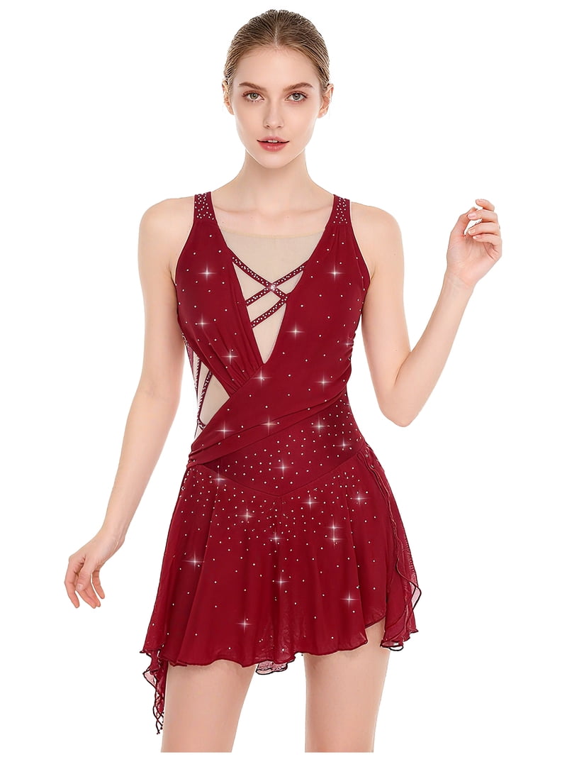 Doomiva Figure Skating Dress for Women Rhinestone Sleeveless Side Slit Flowy Asymmetrical Lyrical Dance Dresses Black L