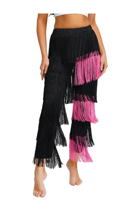 Fringe Latin Dance Pants for Women Elastic Waist Dancing Trousers Black&Pink L