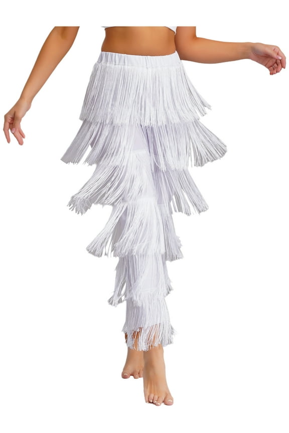Fringe Latin Dance Pants for Women Elastic Waist Dancing Trousers White XL