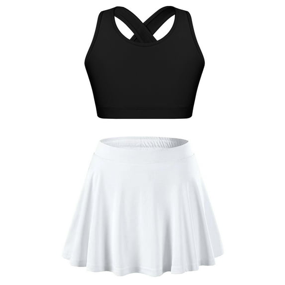 Doomiva Girls 2 Piece Tennis Golf Sports Outfit Athletic Tank Top with Pleated Skort Skirts Set Black&White 8